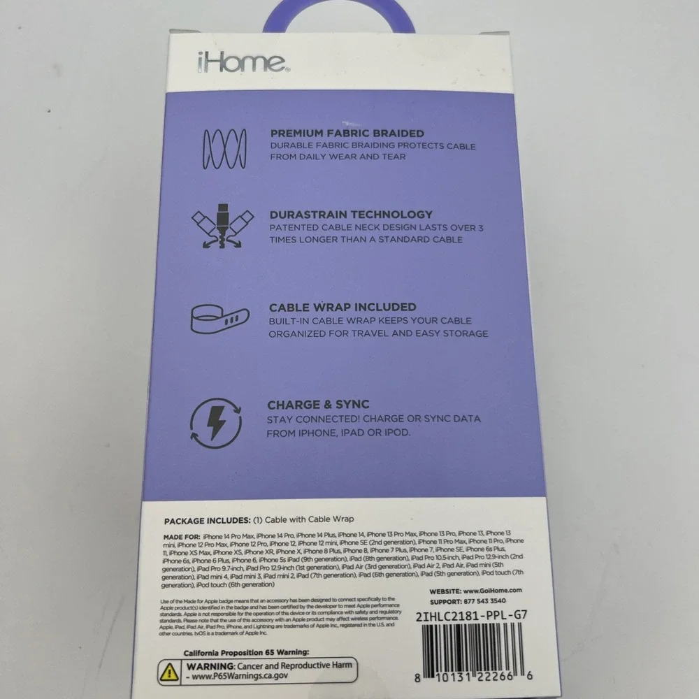 iHome 4ft. iPhone - iPad Fabric Braided Lightning‎ Cable - Purple - Durable